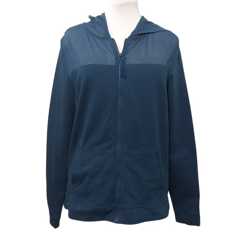 Teal Blue Mesh Panel Scalloped Zip Up Hoodie Lightweight Jacket Womens